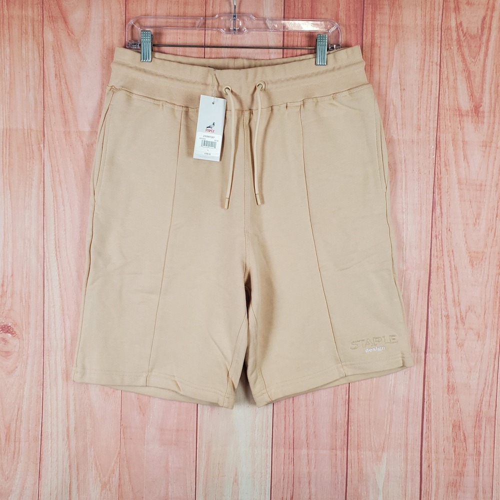 Staple Pigeon Sweat Shorts Mens Large Khaki Cotton Embroidered Logo Drawstring